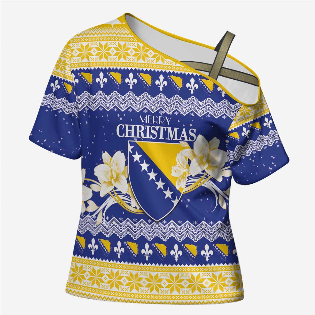 Personalized Bosnia and Herzegovina Christmas Cross Shoulder Shirt Coat Of Arms Srecan Bozic - Wonder Print Shop