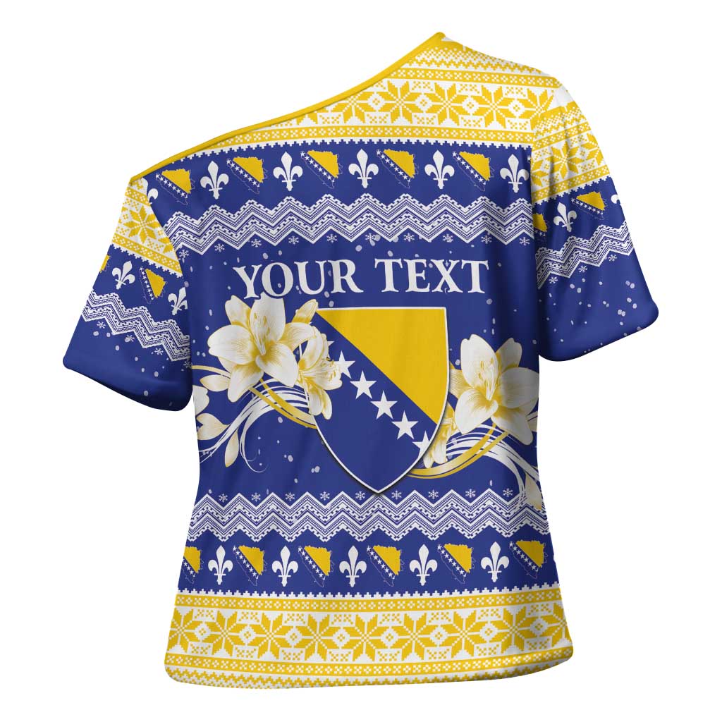 Personalized Bosnia and Herzegovina Christmas Cross Shoulder Shirt Coat Of Arms Srecan Bozic - Wonder Print Shop