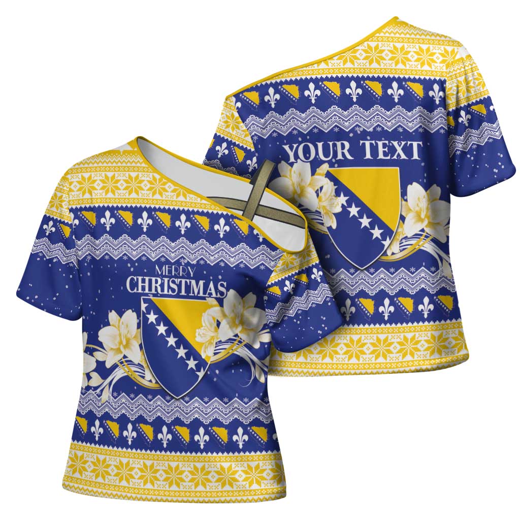 Personalized Bosnia and Herzegovina Christmas Cross Shoulder Shirt Coat Of Arms Srecan Bozic - Wonder Print Shop