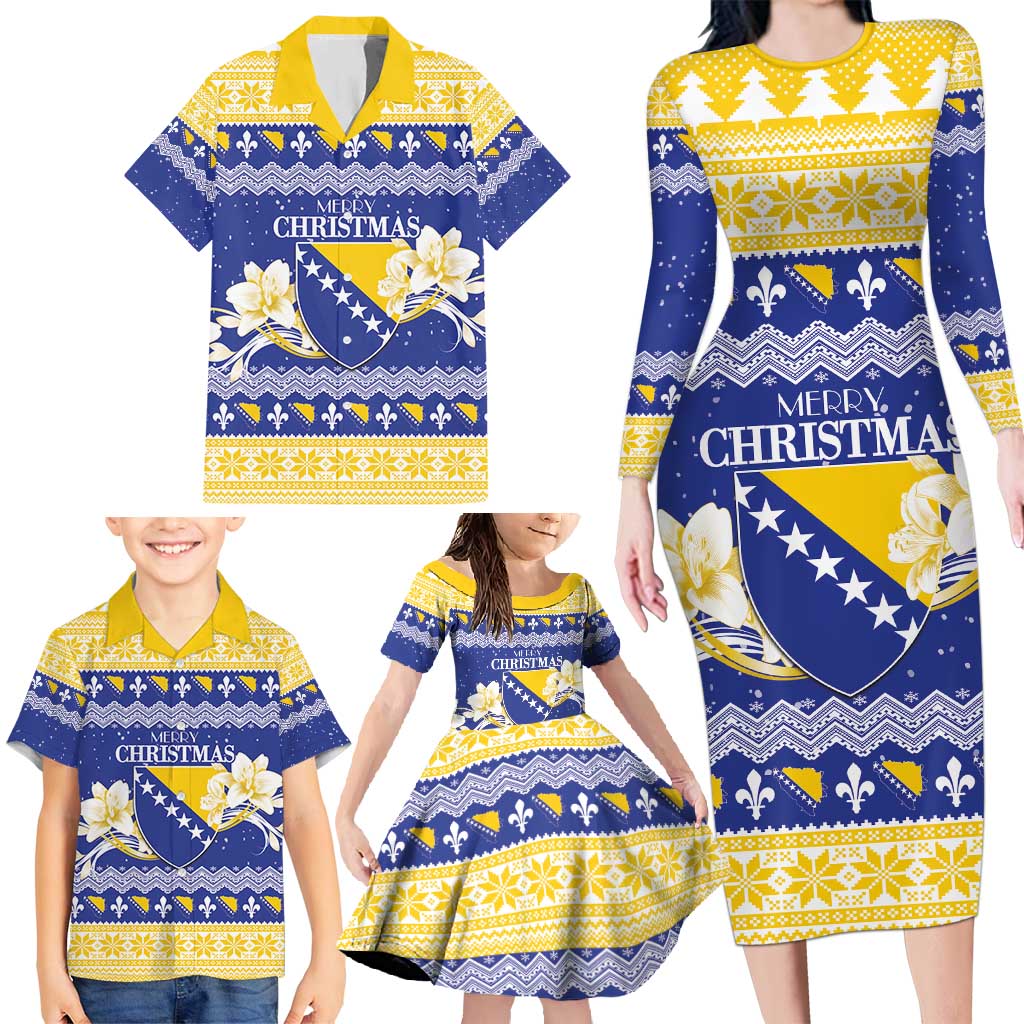 Personalized Bosnia and Herzegovina Christmas Family Matching Long Sleeve Bodycon Dress and Hawaiian Shirt Coat Of Arms Srecan Bozic - Wonder Print Shop