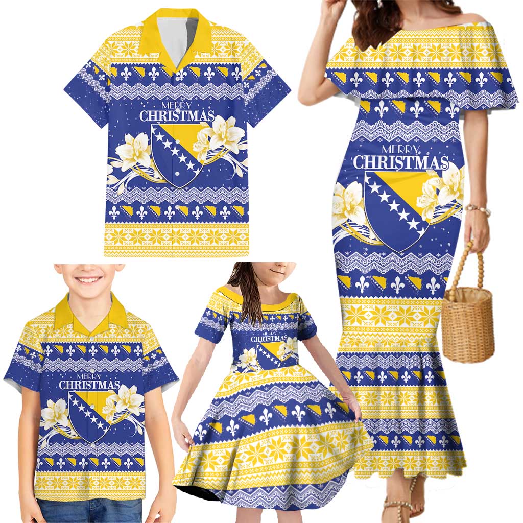 Personalized Bosnia and Herzegovina Christmas Family Matching Mermaid Dress and Hawaiian Shirt Coat Of Arms Srecan Bozic - Wonder Print Shop