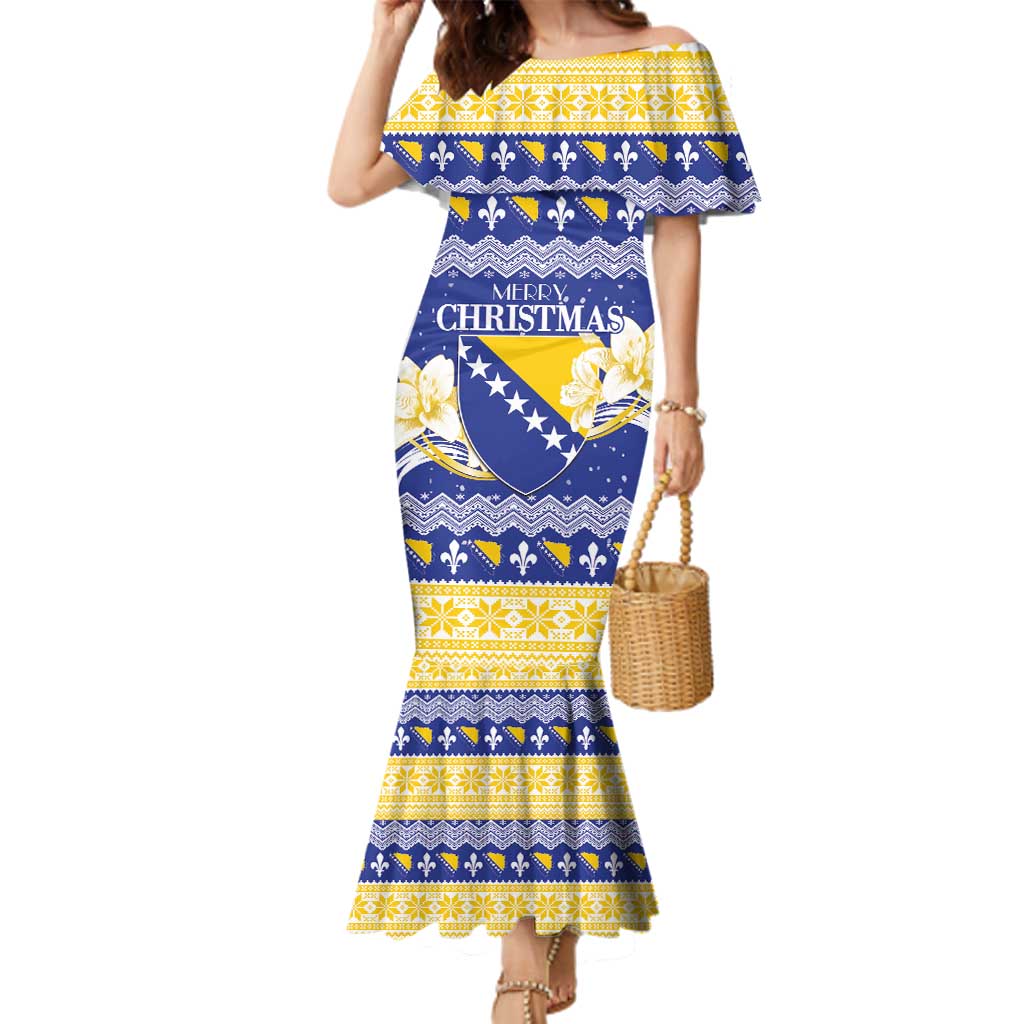 Personalized Bosnia and Herzegovina Christmas Family Matching Mermaid Dress and Hawaiian Shirt Coat Of Arms Srecan Bozic - Wonder Print Shop