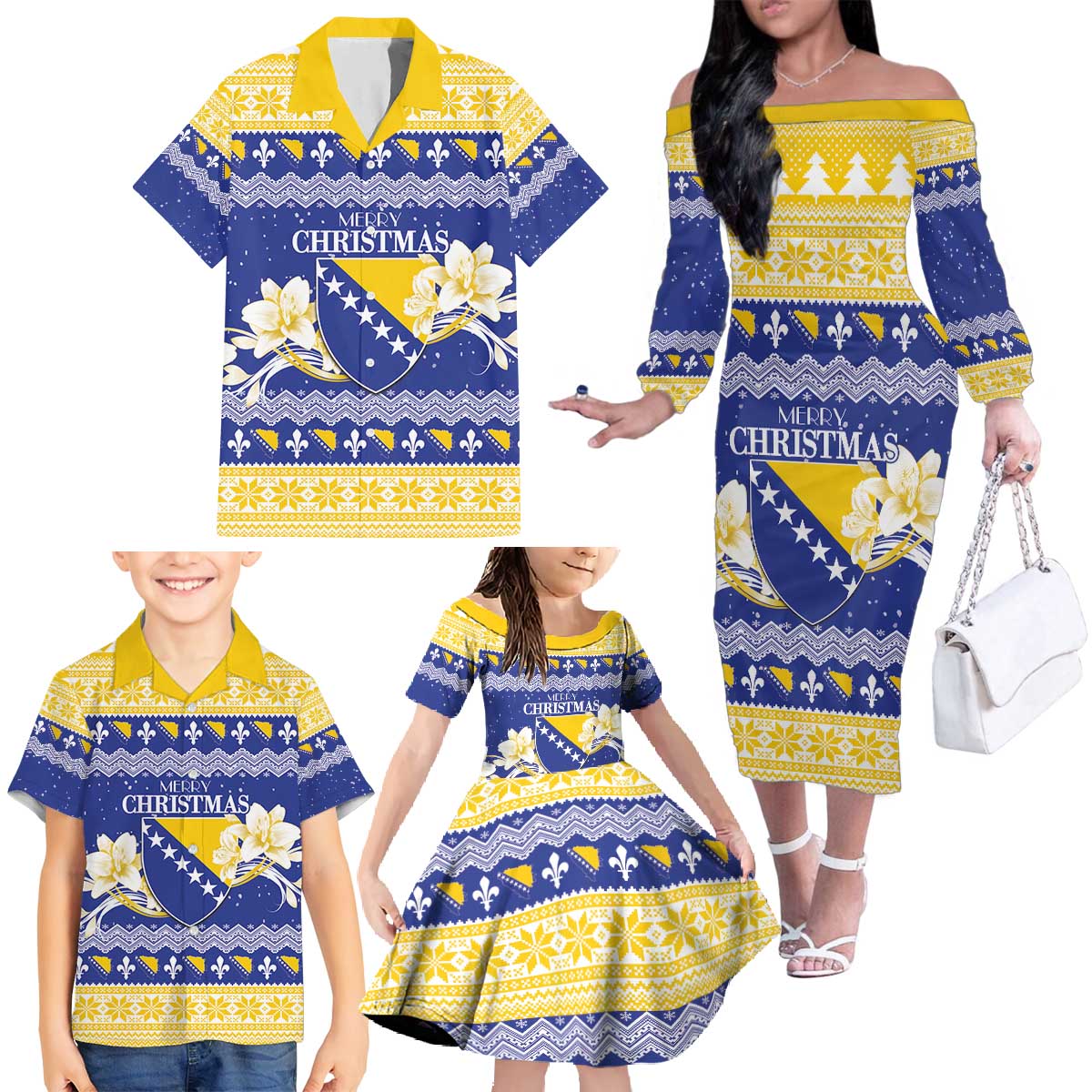 Personalized Bosnia and Herzegovina Christmas Family Matching Off The Shoulder Long Sleeve Dress and Hawaiian Shirt Coat Of Arms Srecan Bozic - Wonder Print Shop