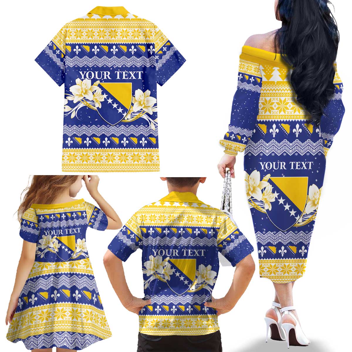 Personalized Bosnia and Herzegovina Christmas Family Matching Off The Shoulder Long Sleeve Dress and Hawaiian Shirt Coat Of Arms Srecan Bozic - Wonder Print Shop