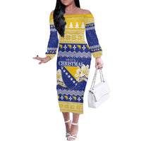 Personalized Bosnia and Herzegovina Christmas Family Matching Off The Shoulder Long Sleeve Dress and Hawaiian Shirt Coat Of Arms Srecan Bozic - Wonder Print Shop