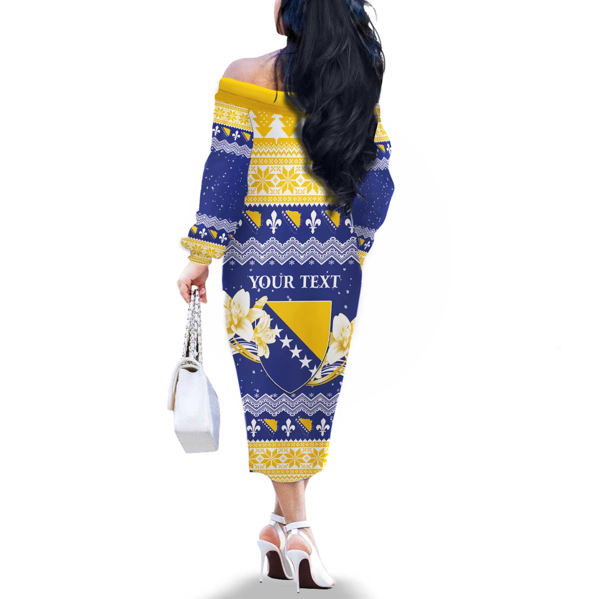 Personalized Bosnia and Herzegovina Christmas Family Matching Off The Shoulder Long Sleeve Dress and Hawaiian Shirt Coat Of Arms Srecan Bozic - Wonder Print Shop