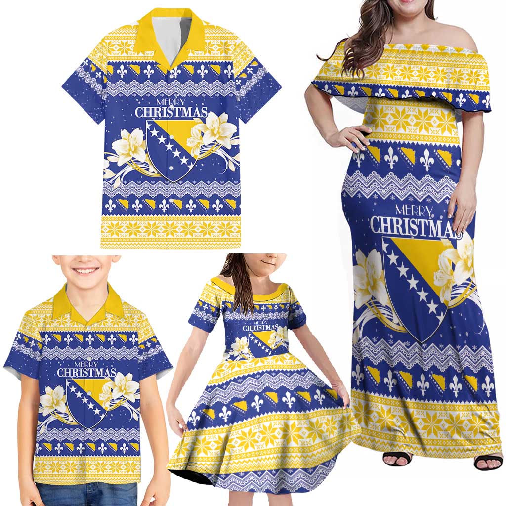 Personalized Bosnia and Herzegovina Christmas Family Matching Off Shoulder Maxi Dress and Hawaiian Shirt Coat Of Arms Srecan Bozic - Wonder Print Shop