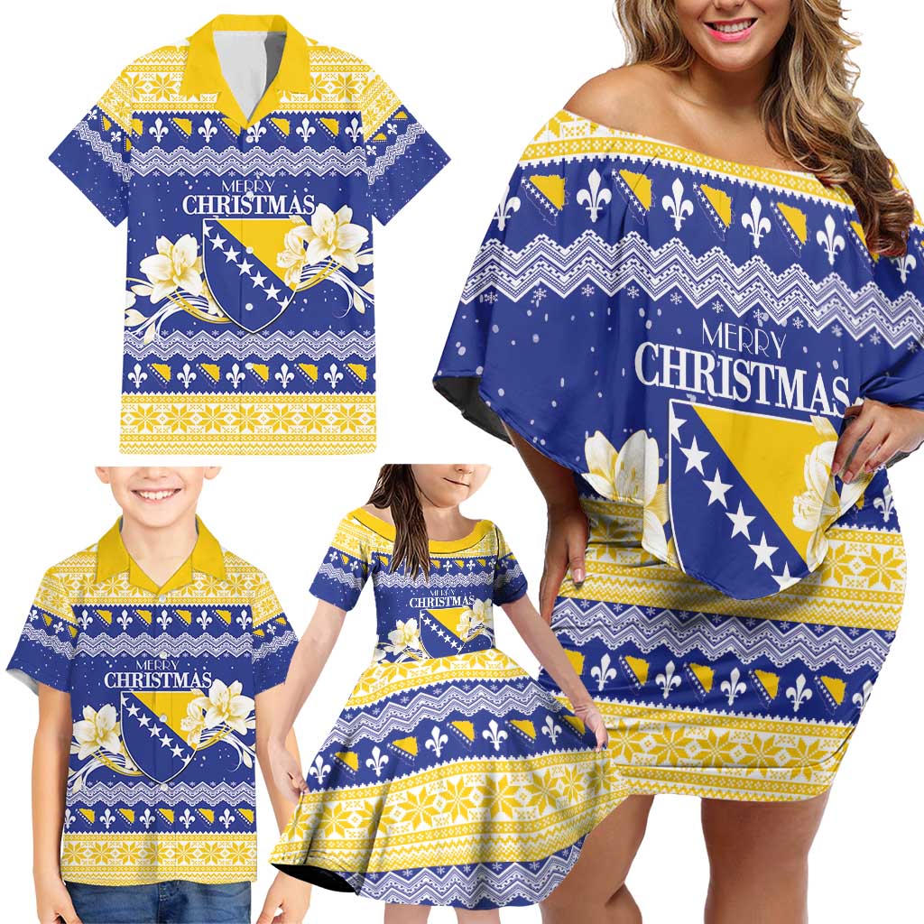 Personalized Bosnia and Herzegovina Christmas Family Matching Off Shoulder Short Dress and Hawaiian Shirt Coat Of Arms Srecan Bozic - Wonder Print Shop