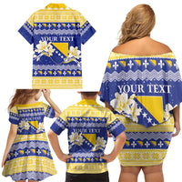 Personalized Bosnia and Herzegovina Christmas Family Matching Off Shoulder Short Dress and Hawaiian Shirt Coat Of Arms Srecan Bozic - Wonder Print Shop