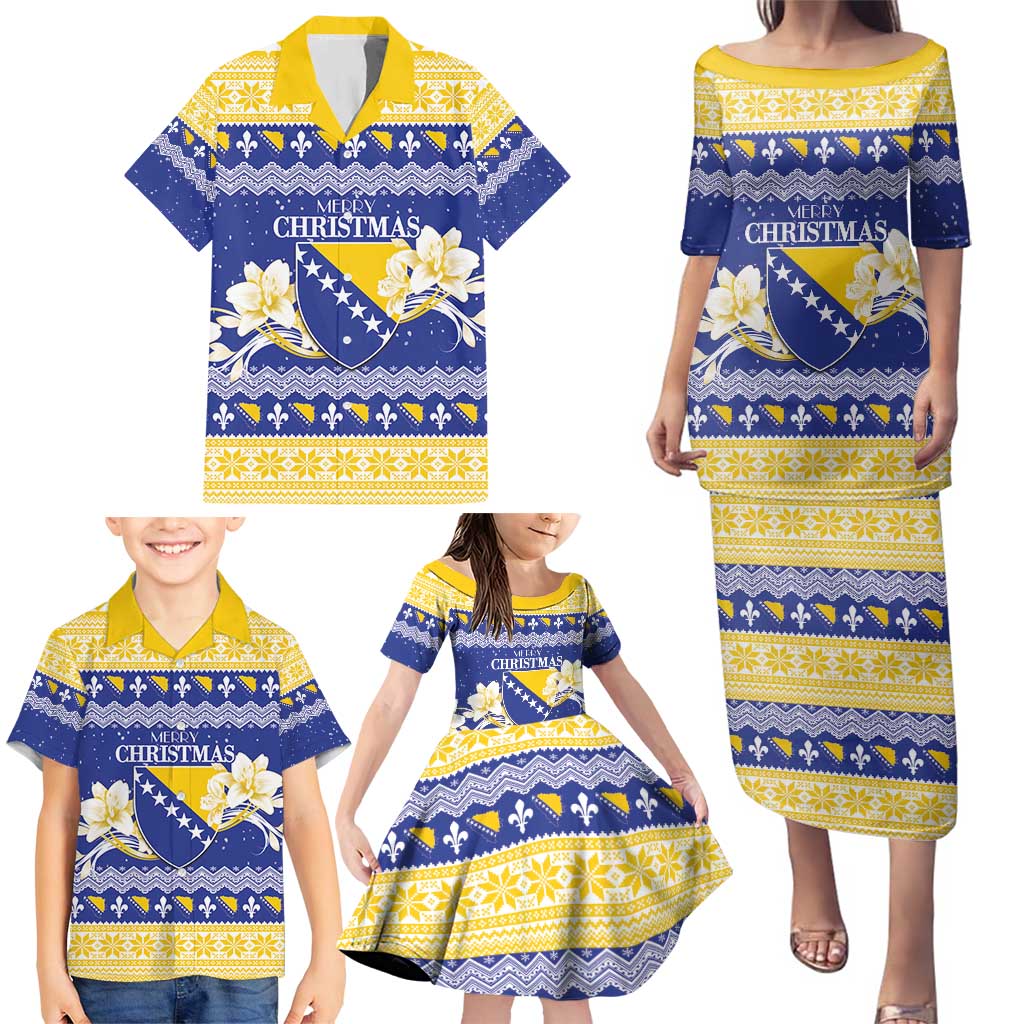 Personalized Bosnia and Herzegovina Christmas Family Matching Puletasi and Hawaiian Shirt Coat Of Arms Srecan Bozic - Wonder Print Shop