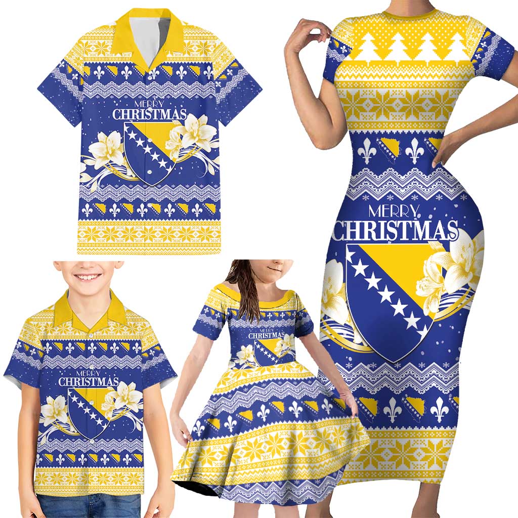 Personalized Bosnia and Herzegovina Christmas Family Matching Short Sleeve Bodycon Dress and Hawaiian Shirt Coat Of Arms Srecan Bozic - Wonder Print Shop
