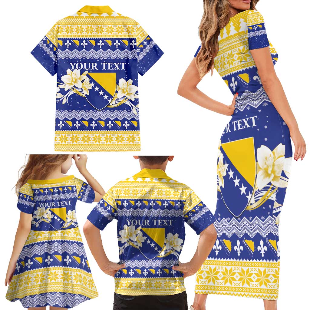 Personalized Bosnia and Herzegovina Christmas Family Matching Short Sleeve Bodycon Dress and Hawaiian Shirt Coat Of Arms Srecan Bozic - Wonder Print Shop