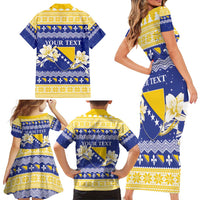 Personalized Bosnia and Herzegovina Christmas Family Matching Short Sleeve Bodycon Dress and Hawaiian Shirt Coat Of Arms Srecan Bozic - Wonder Print Shop