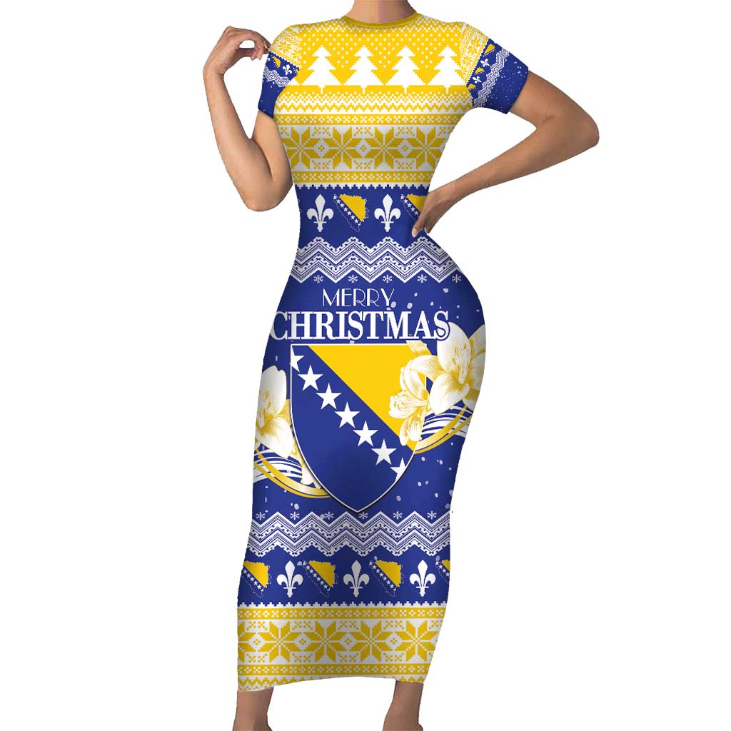 Personalized Bosnia and Herzegovina Christmas Family Matching Short Sleeve Bodycon Dress and Hawaiian Shirt Coat Of Arms Srecan Bozic - Wonder Print Shop