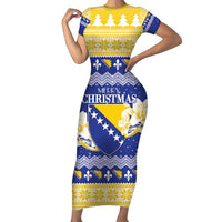 Personalized Bosnia and Herzegovina Christmas Family Matching Short Sleeve Bodycon Dress and Hawaiian Shirt Coat Of Arms Srecan Bozic - Wonder Print Shop