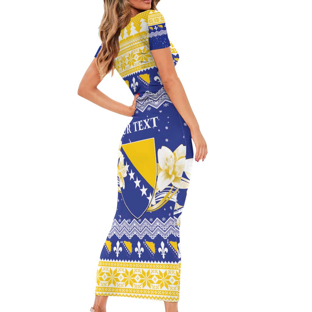 Personalized Bosnia and Herzegovina Christmas Family Matching Short Sleeve Bodycon Dress and Hawaiian Shirt Coat Of Arms Srecan Bozic - Wonder Print Shop