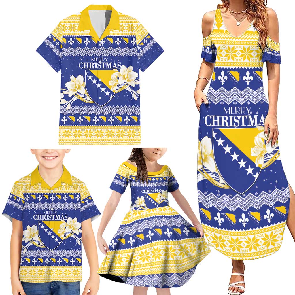 Personalized Bosnia and Herzegovina Christmas Family Matching Summer Maxi Dress and Hawaiian Shirt Coat Of Arms Srecan Bozic - Wonder Print Shop