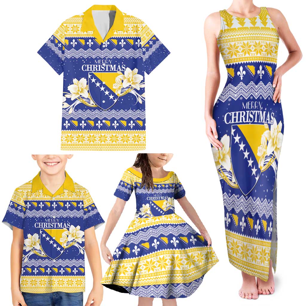 Personalized Bosnia and Herzegovina Christmas Family Matching Tank Maxi Dress and Hawaiian Shirt Coat Of Arms Srecan Bozic - Wonder Print Shop