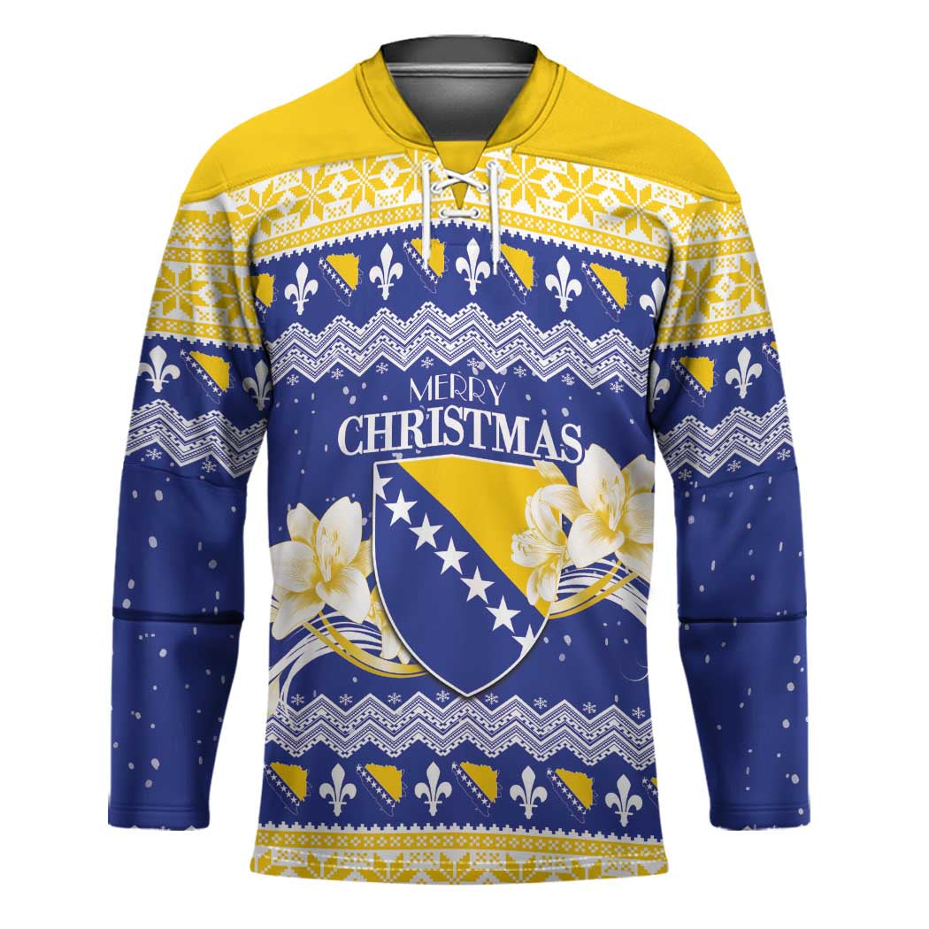 Personalized Bosnia and Herzegovina Christmas Hockey Jersey Coat Of Arms Srecan Bozic - Wonder Print Shop