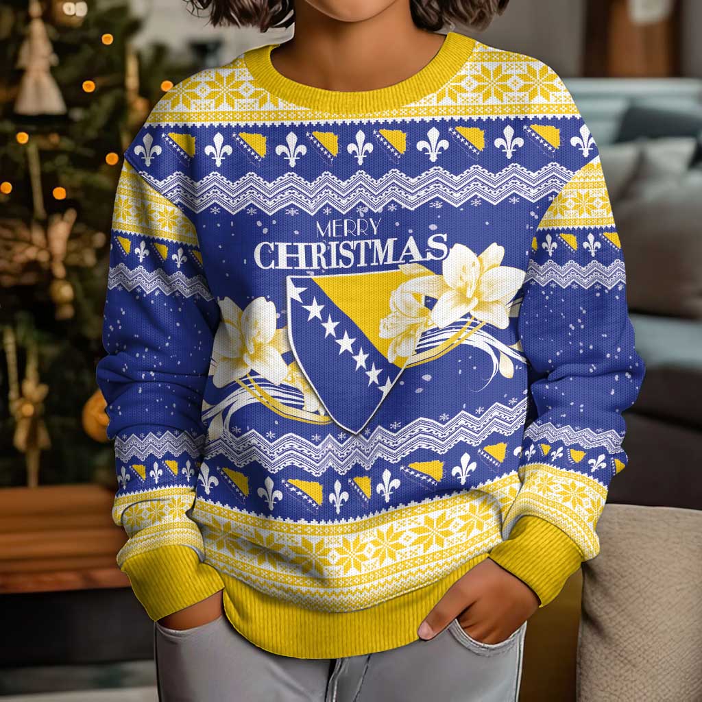 Personalized Bosnia and Herzegovina Christmas Kid Ugly Christmas Sweater Coat Of Arms Srecan Bozic - Wonder Print Shop