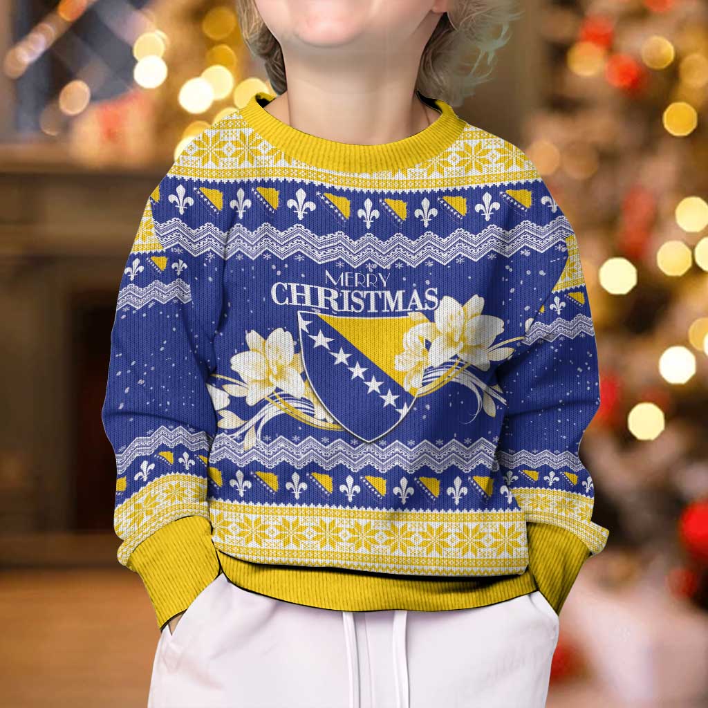 Personalized Bosnia and Herzegovina Christmas Kid Ugly Christmas Sweater Coat Of Arms Srecan Bozic - Wonder Print Shop