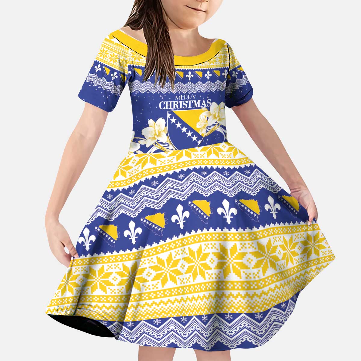 Personalized Bosnia and Herzegovina Christmas Kid Short Sleeve Dress Coat Of Arms Srecan Bozic - Wonder Print Shop