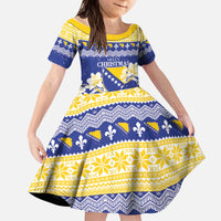 Personalized Bosnia and Herzegovina Christmas Kid Short Sleeve Dress Coat Of Arms Srecan Bozic - Wonder Print Shop