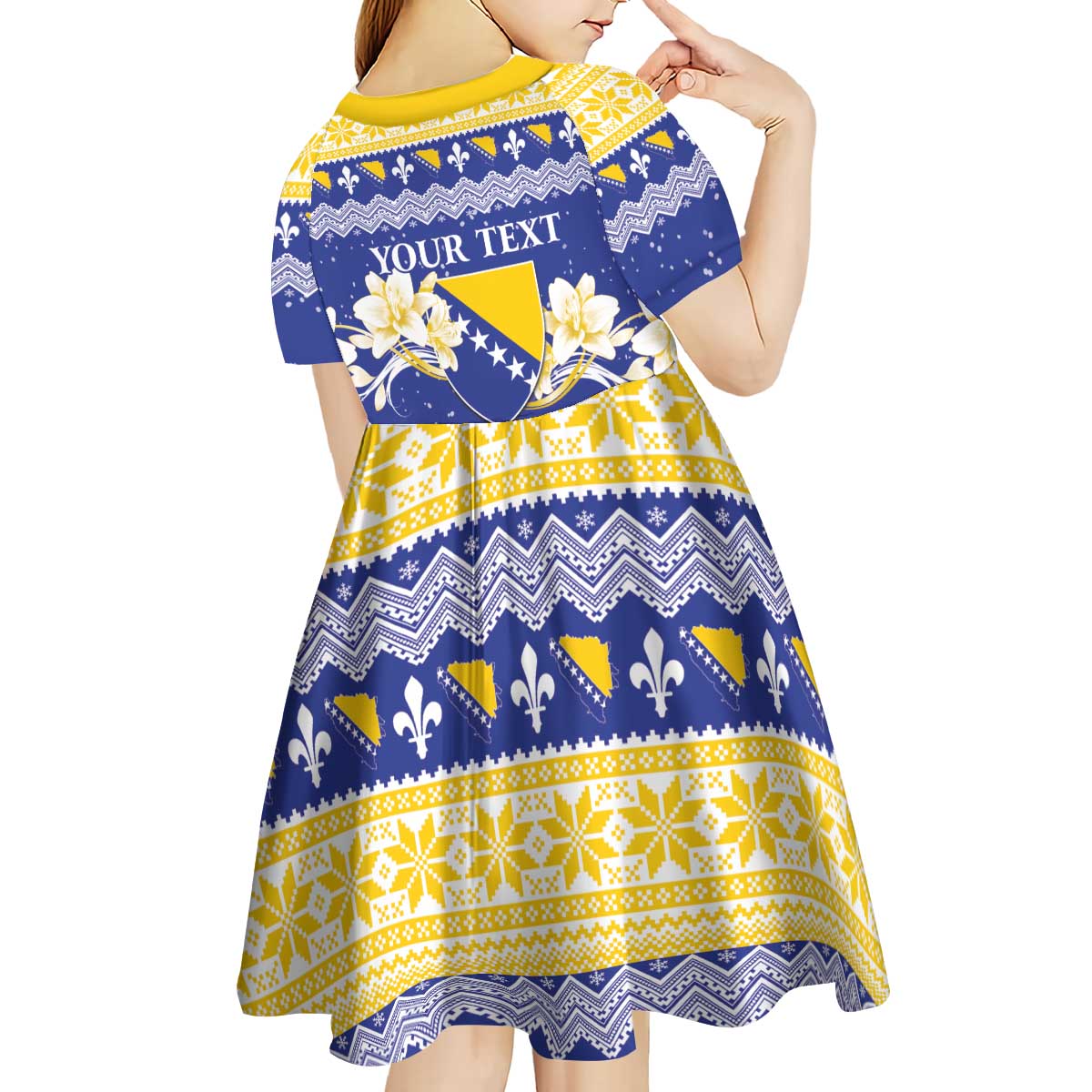 Personalized Bosnia and Herzegovina Christmas Kid Short Sleeve Dress Coat Of Arms Srecan Bozic - Wonder Print Shop