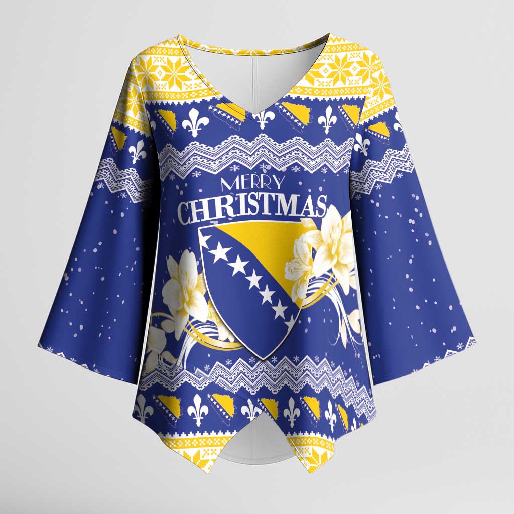 Personalized Bosnia and Herzegovina Christmas Kimono Sleeve Blouse Coat Of Arms Srecan Bozic - Wonder Print Shop