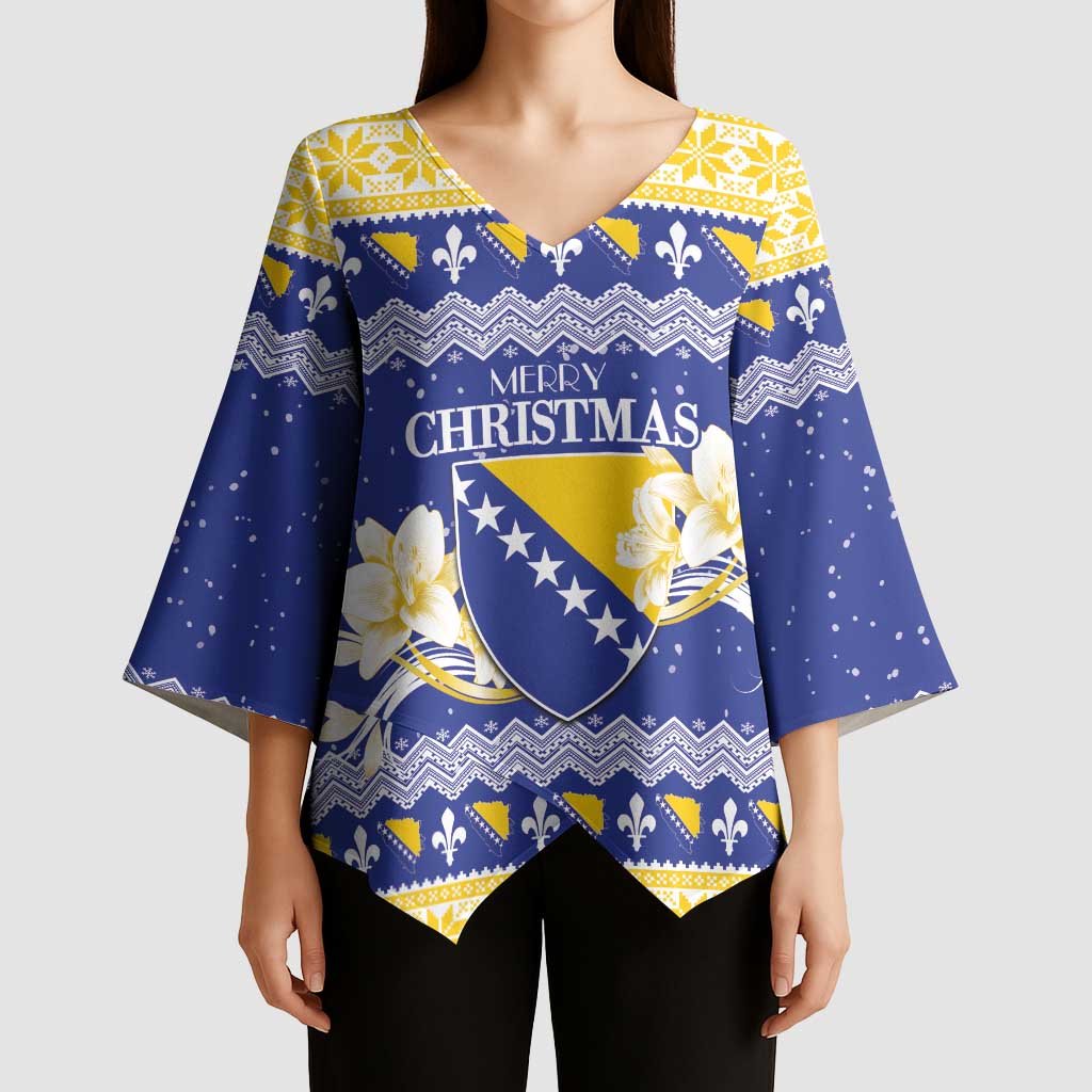 Personalized Bosnia and Herzegovina Christmas Kimono Sleeve Blouse Coat Of Arms Srecan Bozic - Wonder Print Shop