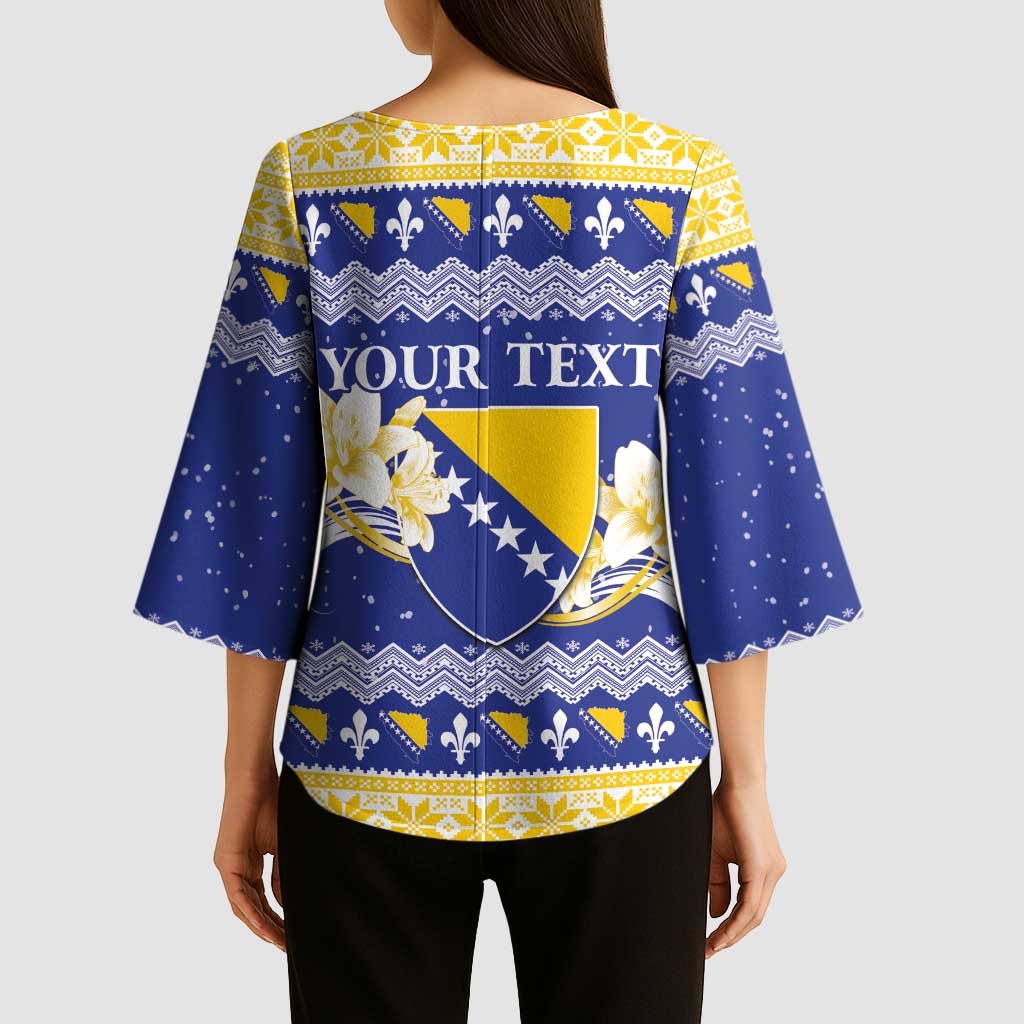 Personalized Bosnia and Herzegovina Christmas Kimono Sleeve Blouse Coat Of Arms Srecan Bozic - Wonder Print Shop
