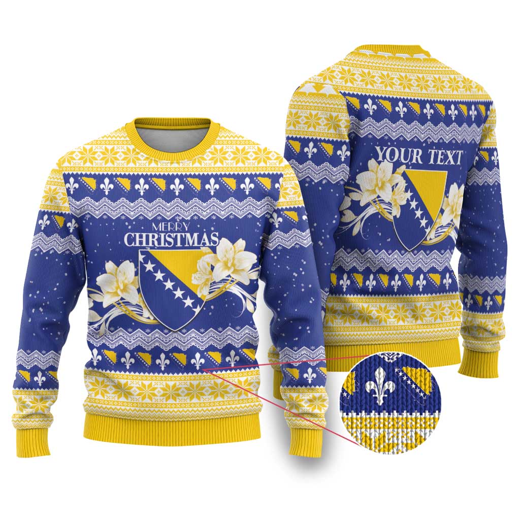 Personalized Bosnia and Herzegovina Christmas Ugly Christmas Sweater Coat Of Arms Srecan Bozic - Wonder Print Shop