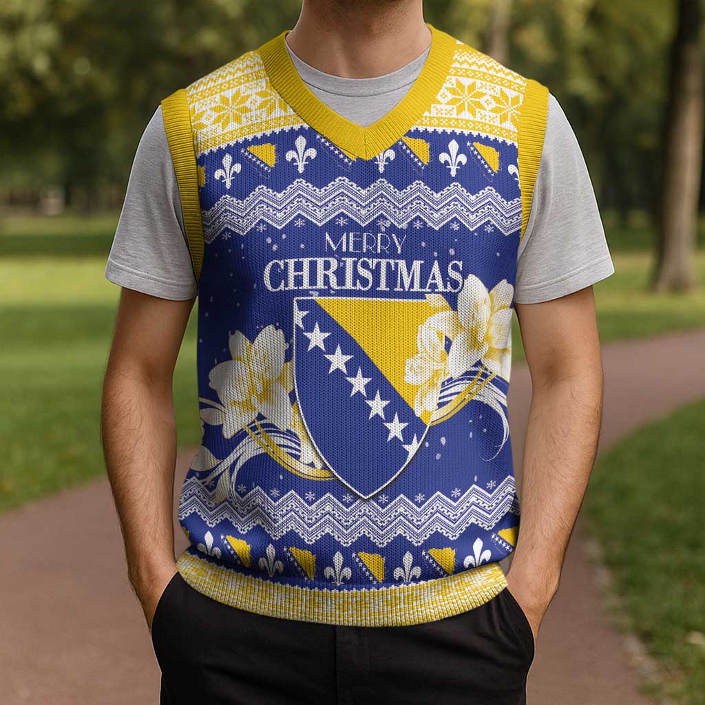 Personalized Bosnia and Herzegovina Christmas Knitted V-Neck Vest Coat Of Arms Srecan Bozic - Wonder Print Shop