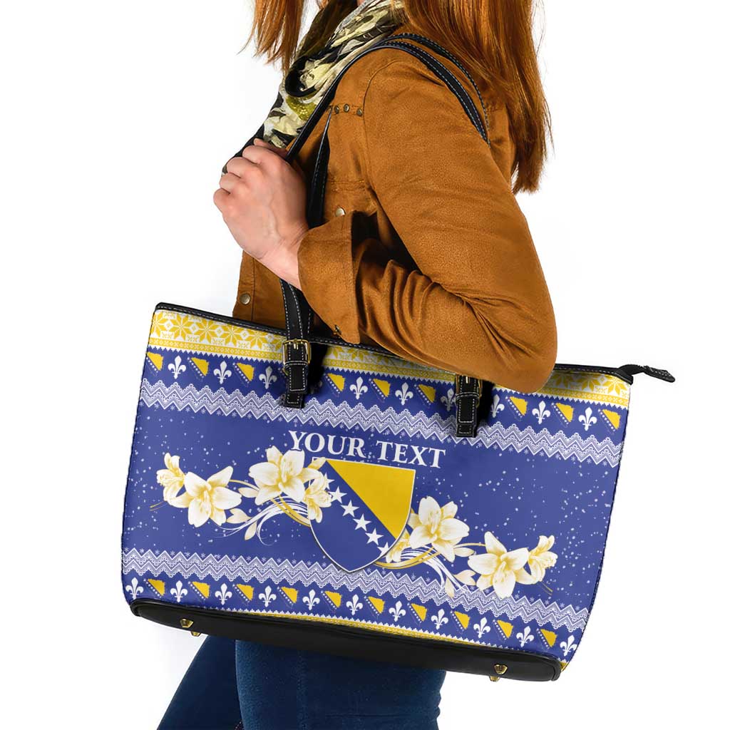 Personalized Bosnia and Herzegovina Christmas Leather Tote Bag Coat Of Arms Srecan Bozic - Wonder Print Shop