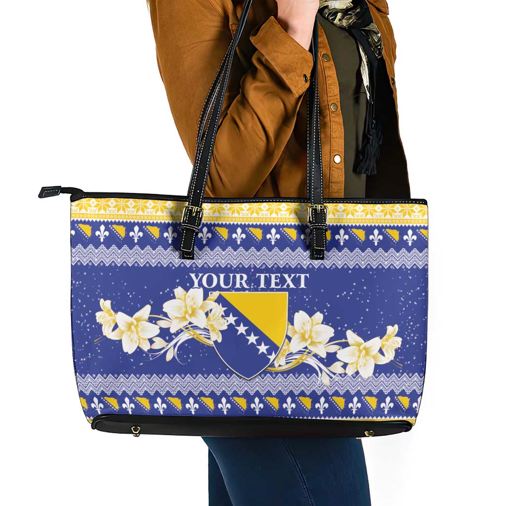 Personalized Bosnia and Herzegovina Christmas Leather Tote Bag Coat Of Arms Srecan Bozic - Wonder Print Shop