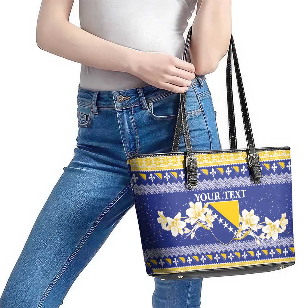 Personalized Bosnia and Herzegovina Christmas Leather Tote Bag Coat Of Arms Srecan Bozic - Wonder Print Shop
