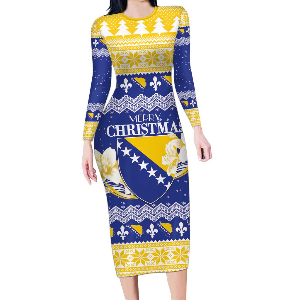 Personalized Bosnia and Herzegovina Christmas Long Sleeve Bodycon Dress Coat Of Arms Srecan Bozic - Wonder Print Shop