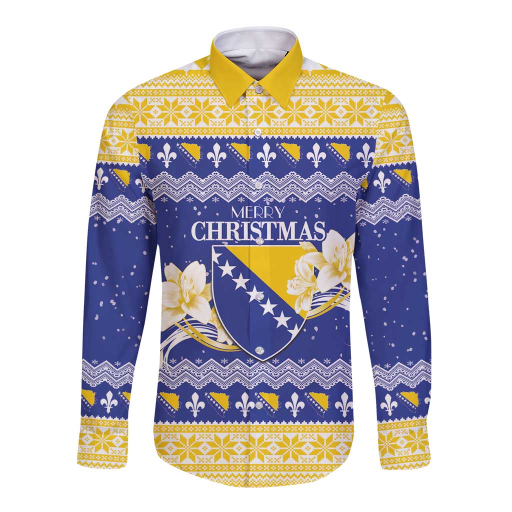 Personalized Bosnia and Herzegovina Christmas Long Sleeve Button Shirt Coat Of Arms Srecan Bozic - Wonder Print Shop