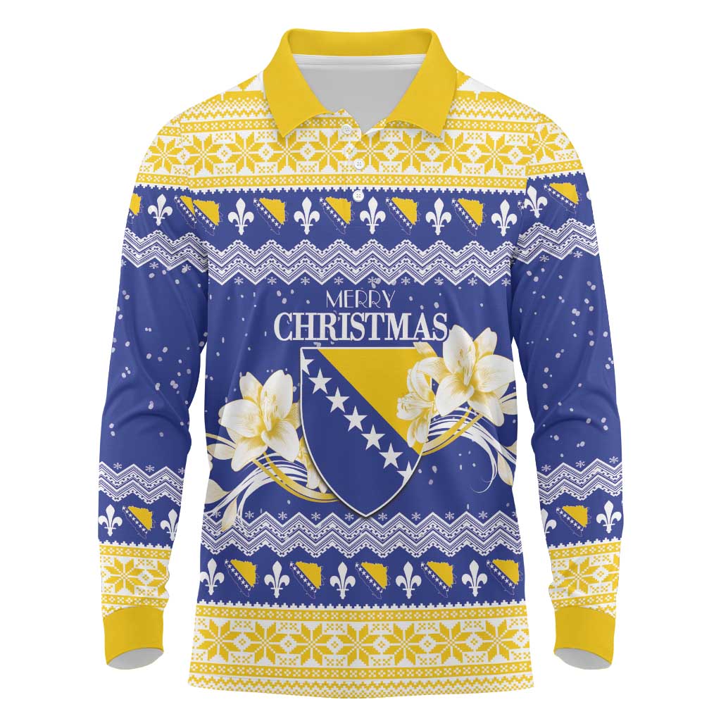 Personalized Bosnia and Herzegovina Christmas Long Sleeve Polo Shirt Coat Of Arms Srecan Bozic - Wonder Print Shop