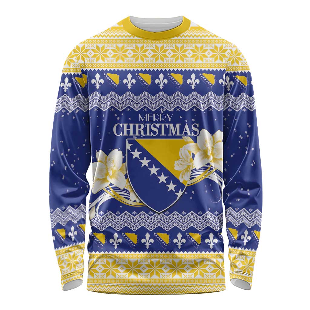 Personalized Bosnia and Herzegovina Christmas Long Sleeve Shirt Coat Of Arms Srecan Bozic - Wonder Print Shop