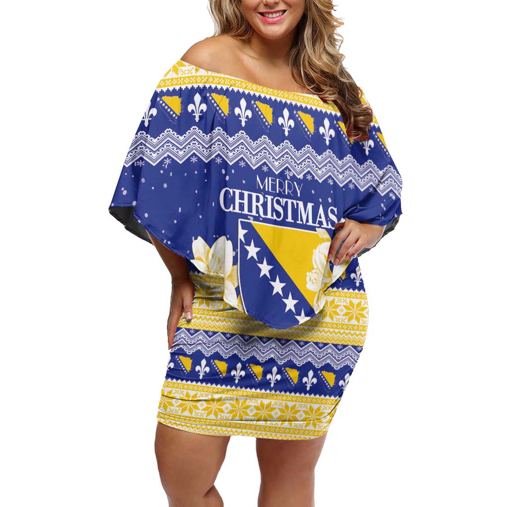 Personalized Bosnia and Herzegovina Christmas Off Shoulder Short Dress Coat Of Arms Srecan Bozic - Wonder Print Shop
