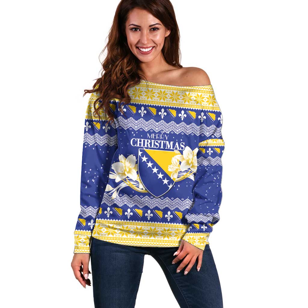 Personalized Bosnia and Herzegovina Christmas Off Shoulder Sweater Coat Of Arms Srecan Bozic - Wonder Print Shop