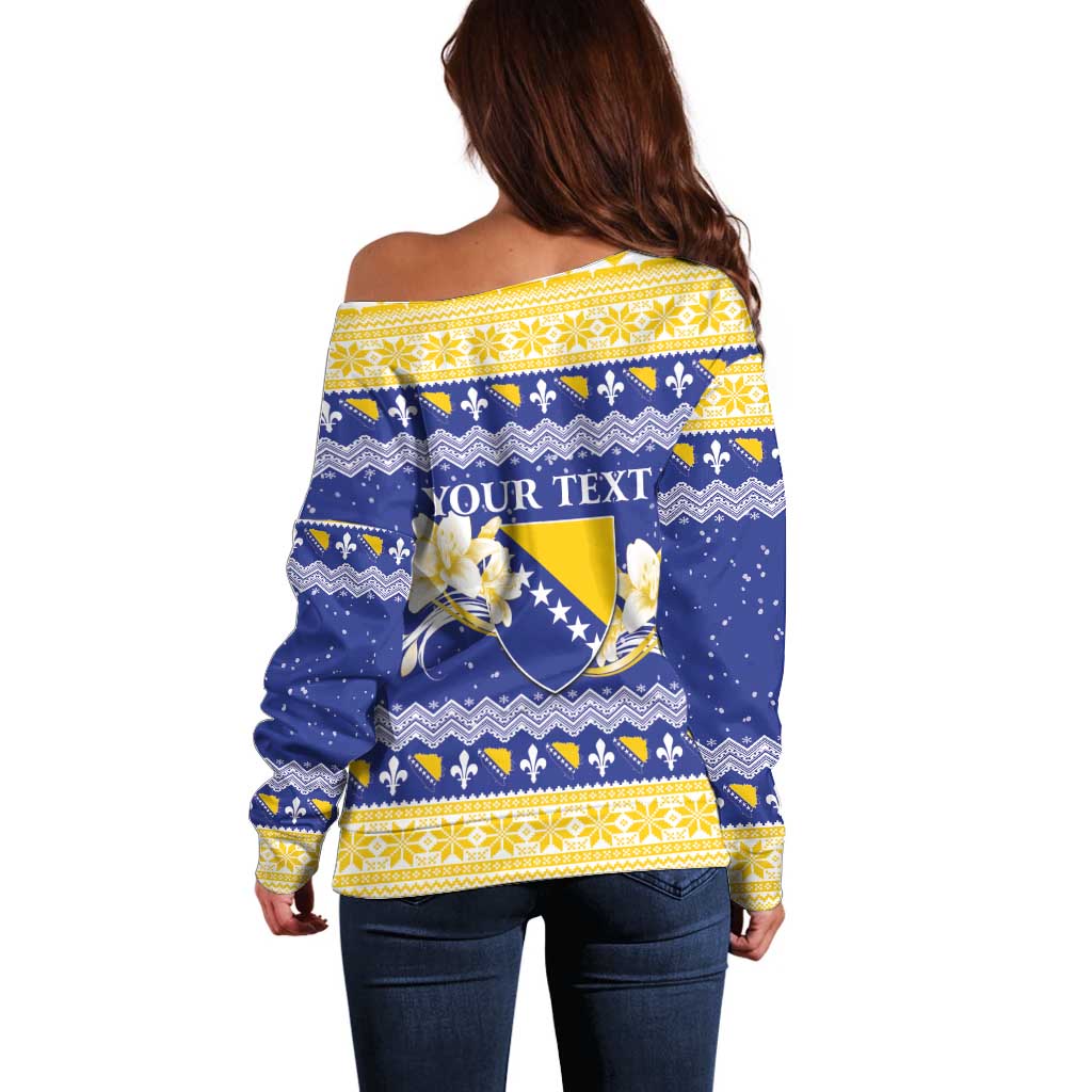 Personalized Bosnia and Herzegovina Christmas Off Shoulder Sweater Coat Of Arms Srecan Bozic - Wonder Print Shop