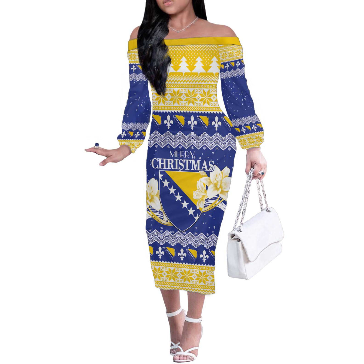 Personalized Bosnia and Herzegovina Christmas Off The Shoulder Long Sleeve Dress Coat Of Arms Srecan Bozic - Wonder Print Shop