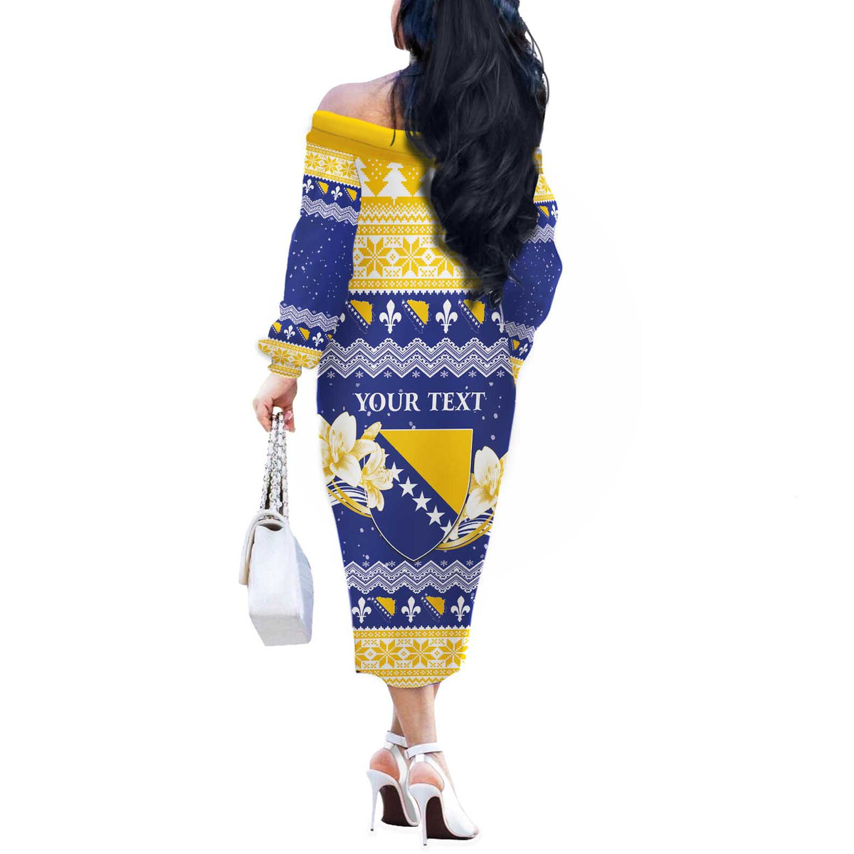 Personalized Bosnia and Herzegovina Christmas Off The Shoulder Long Sleeve Dress Coat Of Arms Srecan Bozic - Wonder Print Shop
