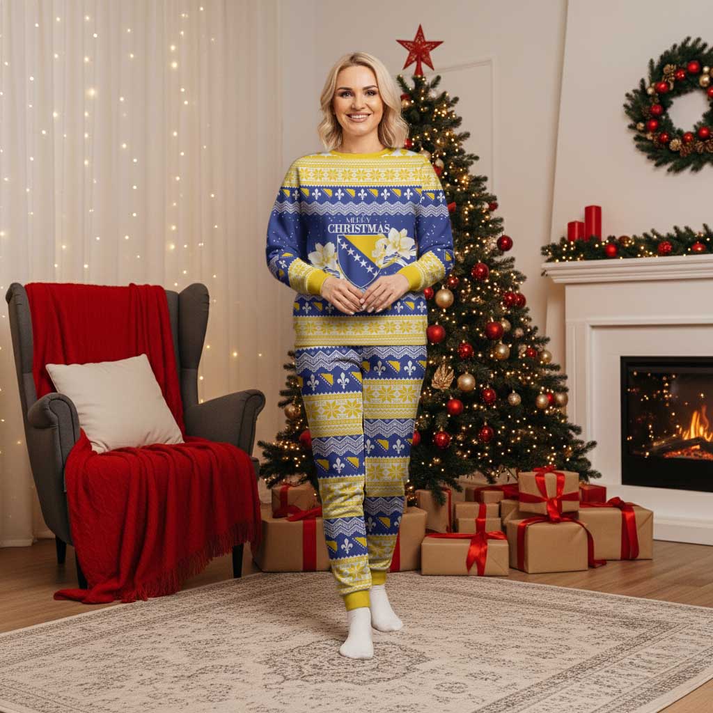 Personalized Bosnia and Herzegovina Christmas Pajama Set Coat Of Arms Srecan Bozic - Wonder Print Shop