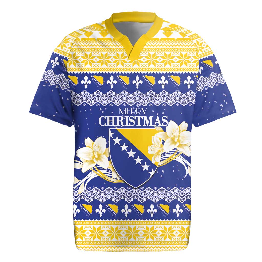 Personalized Bosnia and Herzegovina Christmas Rugby Jersey Coat Of Arms Srecan Bozic - Wonder Print Shop