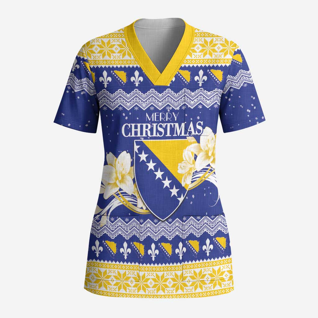 Personalized Bosnia and Herzegovina Christmas Scrub Top Coat Of Arms Srecan Bozic - Wonder Print Shop
