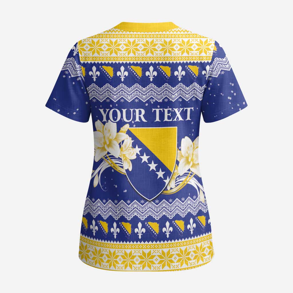 Personalized Bosnia and Herzegovina Christmas Scrub Top Coat Of Arms Srecan Bozic - Wonder Print Shop