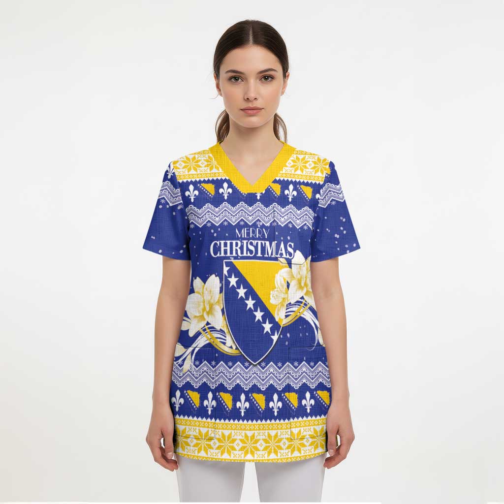 Personalized Bosnia and Herzegovina Christmas Scrub Top Coat Of Arms Srecan Bozic - Wonder Print Shop